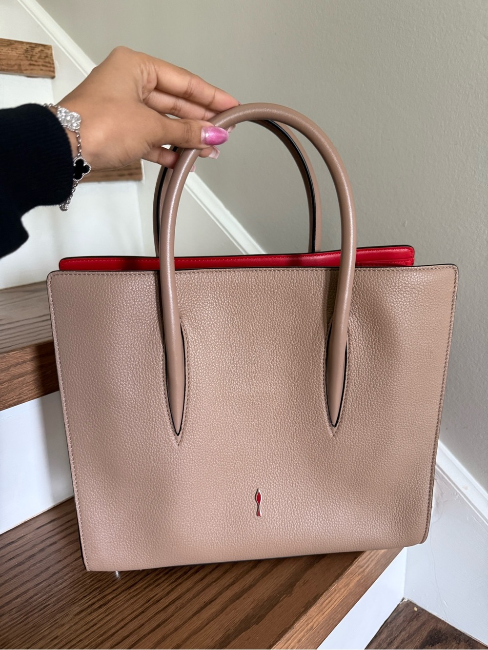 Christian Louboutin Paloma Tan Studded Leather Tote with Red Interior - Picture 2 of 5
